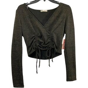 Womens Crop Top Size Large Drawstring‎ Black Metallic Gold Whimsigoth Blouse